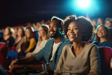  young adult woman and man in the cinema, happy beaming, good entertainment - obrazy, fototapety, plakaty