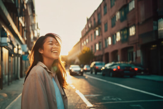 young adult woman outside on a side street, in the early evening in her free time after work, laughing happy