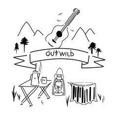 Hand drawn vector illustration of camping items icon set  - Fall event, out door camp, goods and item for hike - Out Wild