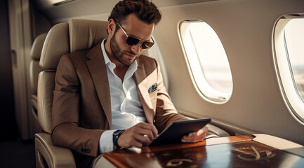 Successful handsome man blogger, billionaire or rich businessman flying private jet. Entrepreneur Concept. - obrazy, fototapety, plakaty