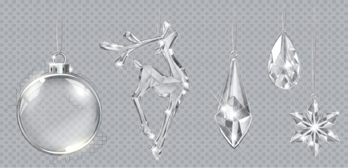 Vector realistic transparent Christmas crystal deer, balls, snowflakes and crystal decoration on abstract background. Glass sparkling translucent crystals