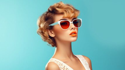 fashion portrait of young woman in blue dress. beauty fashion model girl in sunglasses. beauty and fashion concept.