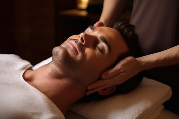 Beautiful man in spa salon getting face massage