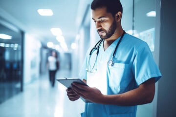 Young male nurse holding digital tablet