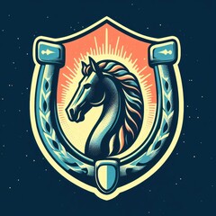 illustration of horseshoe and stallion on shield frame. ai generated - obrazy, fototapety, plakaty
