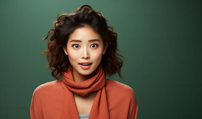 Obraz premium Young Asian woman feel happiness with positive expression, joyful surprise funky, dressed in casual cloth isolated on green background. Happy adorable glad woman rejoices success. Facial expression.