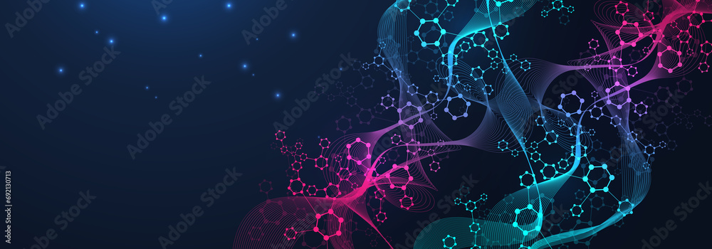 Poster modern abstract molecules structure for science or medical background. dna helix or atom visualizati