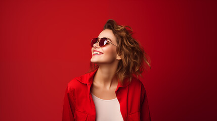Portrait of a young white female model in a red shirt and red glasses, smiling happily and cheerfully. Modern and stylish. Design and art concept. Copy space for text in an isolated flat background.