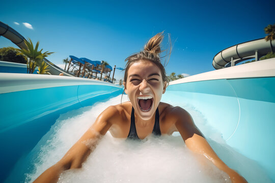 joyful woman in a water slide, AI generated