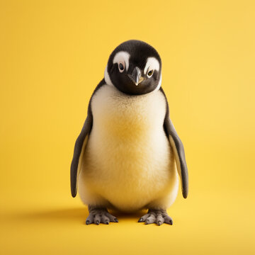 Portrait of a baby penguin on a yellow background.