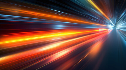 Speed car lights in motion blur. Night city tunnel road lights. Luminous car trails in dynamic long exposure.