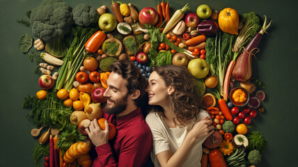 young couple holding fresh healthy vegetables and fruits