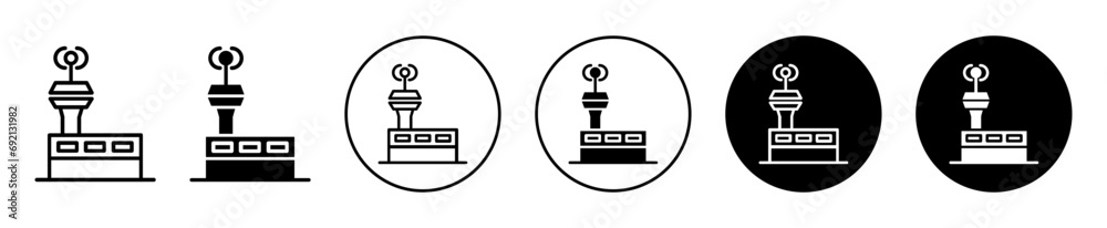 Poster flight control tower icon. aviation tall tower controller to guide arrival of flight landing and tak