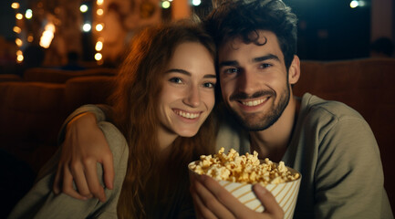Valentines Day. Couple watching tv with popcorn at home. Share Love.