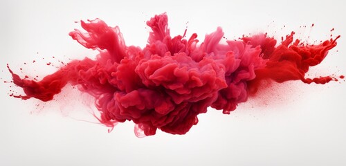 Captivate attention with a red powder explosion abstract over a white background, where isolated red powder splatters create a vibrant cloud of color reminiscent of a festive Color Holi celebration. - obrazy, fototapety, plakaty