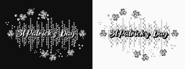 St Patricks Day horizontal label with scattered beads, clover leaves, bead strings, party streamers, text. Illustration for advert of event. Monochrome black and white illustration