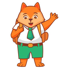 Little boy fox animal.Happy kid fox.Animal childhood cartoon.Student put hand up.School children fox character with a backpack.Back to school animal. Fox elementary student. 