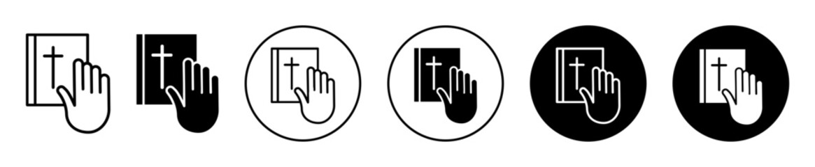 Hand in Bible icon. Christian religious faith and trust in Jesus Christ to take oath to be honest in believe vector symbol mark. hand with Christian bible for pray sign   - obrazy, fototapety, plakaty