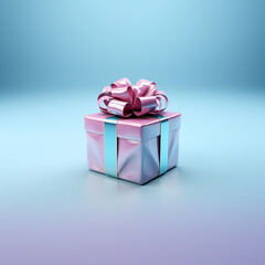 Fototapeta premium Blue and pink minimalist gift with ribbon and bow on background. Simple modern elegant present. Stylish, luxurious, decorative, contrasting bg surprise. Fun party or event, presentation, post