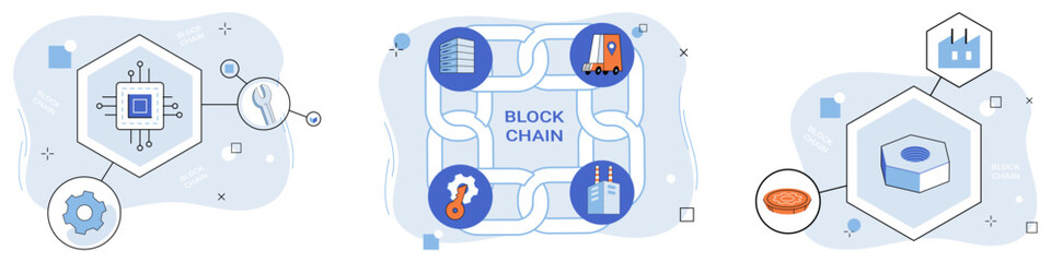 Blockchain industry vector illustration. The internet things IoT and blockchain dance in ballet decentralized finance Banking and finance embrace security blanket blockchain industry concepts