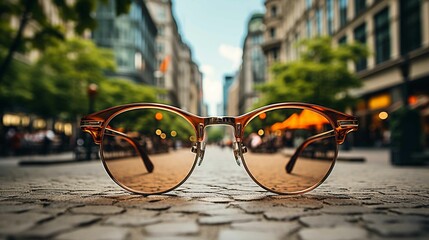 Glasses in Modern Cityscape with Night Lights in Vibrant Downtown District