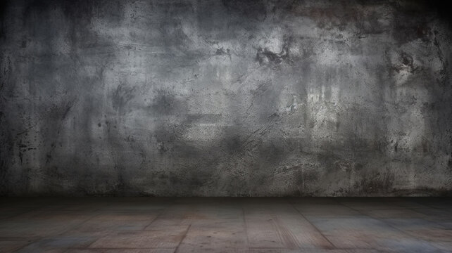 empty interior of modern concrete room and brick wall. empty wooden floor and concrete wall background