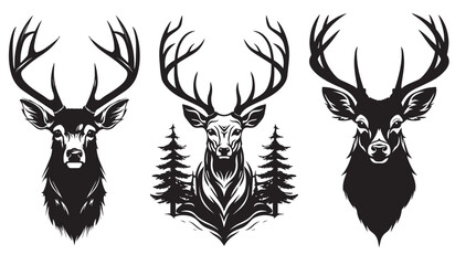Set of deer heads with horns, black and white heads of forest animals, decoration of room, home, wall vector illustration - obrazy, fototapety, plakaty