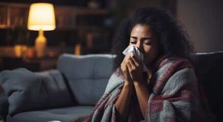 woman blowing her nose while on couch having cold - obrazy, fototapety, plakaty