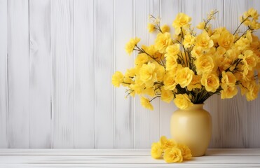 yellow flowers on a white wooden table