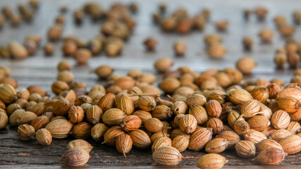 Macro photography from coriander seed on wooden table