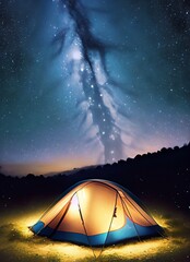 yellow tent under starry sky suitable as background or banner