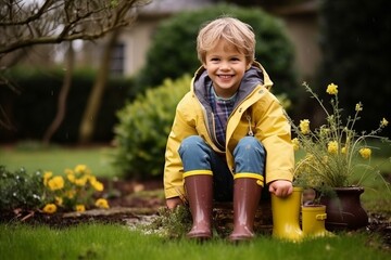 Cute little boy wearing yellow raincoat and rubber boots sitting in the garden - Powered by Adobe