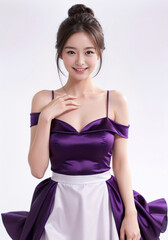 Beautiful woman in purple dress on white background in casino studio