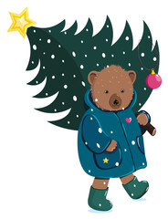 Baby bear with christmas tree. Decorative background, card, sticker.