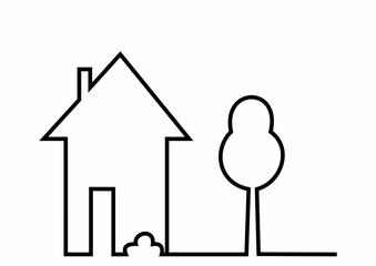 House and tree, one stroke, black line, outline, vector icon