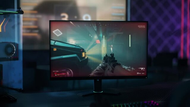 Launching a campaign mission in the shooter computer game. Starting a singleplayer mission of the war computer game. Player defusing the terrorist bomb to complete the computer game mission