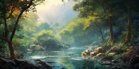Zelfklevend Fotobehang Tropical Jungle Landscape with River in Watercolor Painting Style  - Wall Art - Poster - Printable - Print - Wallpaper - Background - Artwork  © Adames Art Studio
