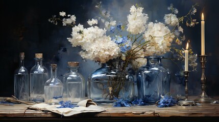 Serene Beauty in Blue: Delicate Flowers, Glass Bottles, and Candlelight on Rustic Wood