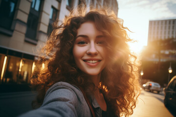 Retrato en primer plano de una hermosa joven con cabello rizado tomándose un selfie en la calle - obrazy, fototapety, plakaty