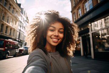 Foto de joven mujer afroamericana con cabello rizado sonriendo y tomándose un selfie al aire libre. - obrazy, fototapety, plakaty