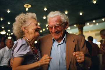 Feliz pareja de adultos mayores bailando juntos en un café. Se miran y sonríen - obrazy, fototapety, plakaty