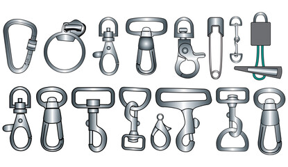 Claw clasps and carabiners flat sketch vector illustration set, different types of clasps, buckles and carabiners for jewellery, climbing equipment, garments dress fasteners, Clothing and Accessories - obrazy, fototapety, plakaty