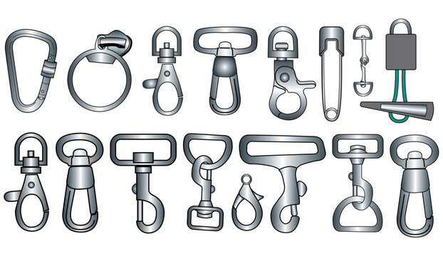 Claw clasps and carabiners flat sketch vector illustration set, different types of clasps, buckles and carabiners for jewellery, climbing equipment, garments dress fasteners, Clothing and Accessories