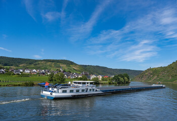 Frachtschiff fährt auf dem Fluss Mosel zwischen Beilstein und Cochem entlang der typischen...