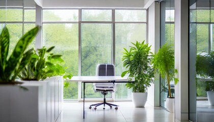 bright and clean office environment abstract background bright office with green plants and large windows