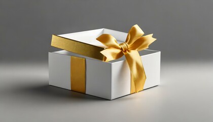white present box open with blank golden bottom box or blank opened gift box tied with gold ribbon and bow on grey white background with shadow minimal conceptual 3d rendering