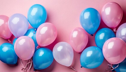 Fototapeta na wymiar blue and pink balloons on a pink background with copy space