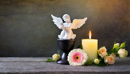 condolence card with funeral candle angel and flower