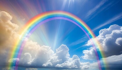 beautiful vibrant double rainbow cloudscape background awesome blue sky with pretty clouds bright sun shining down and a large double rainbow arcing across the right corner with copy space