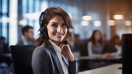 Excellent customer service goes a long way. Portrait of a call centre agent working in an office with her colleagues in the background. - obrazy, fototapety, plakaty